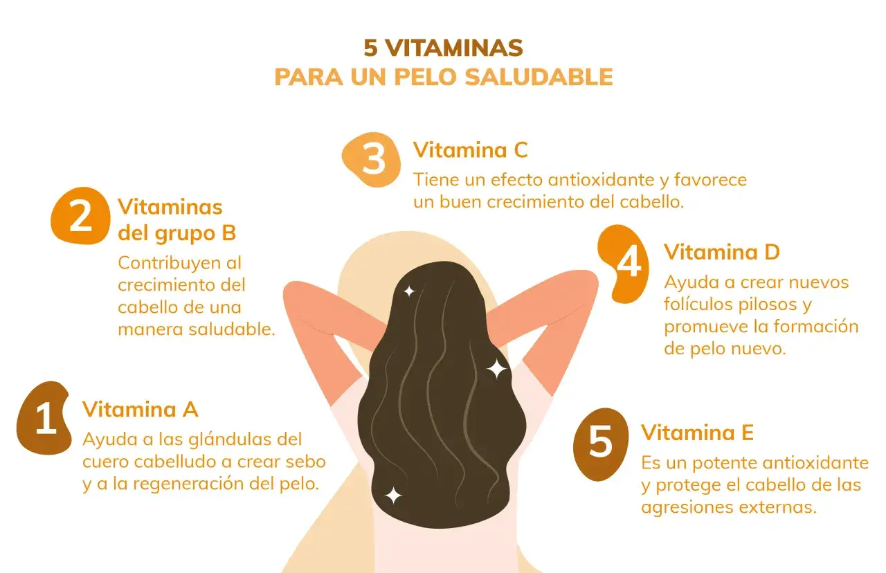 &iquest;Qu&eacute; vitamina me falta si se me cae el pelo? Descubre 5 vitaminas esenciales para un cabello saludable: A, B, C, D y E.