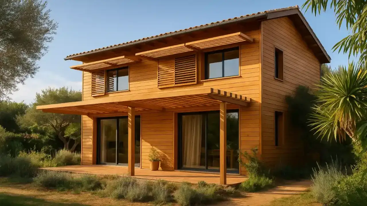 Maison ossature bois moderne avec terrasse en bois et volets persiennes. Le prix de cette maison &eacute;cologique est attractif.