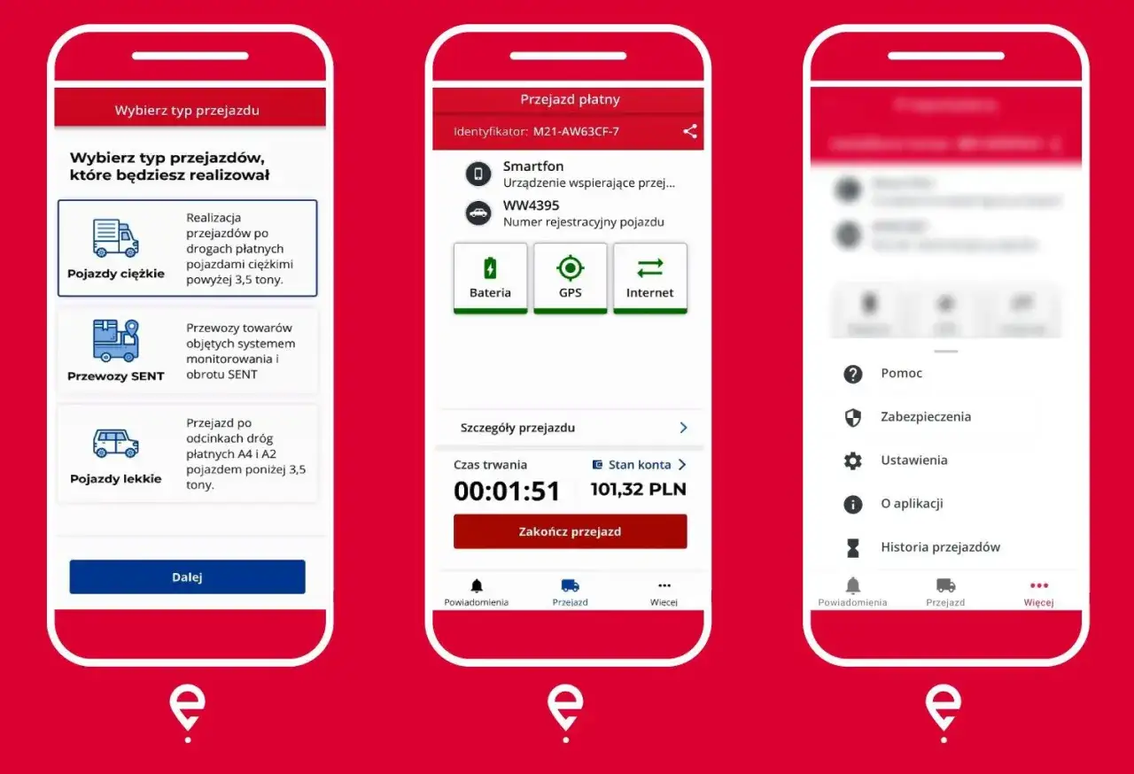 Aplikacja mobilna do obsługi e-toll. Wybór typu pojazdu: ciężki, SENT, lekki. Widok aktywnego przejazdu z czasem i kwotą do zapłaty. Bilet jednorazowy.