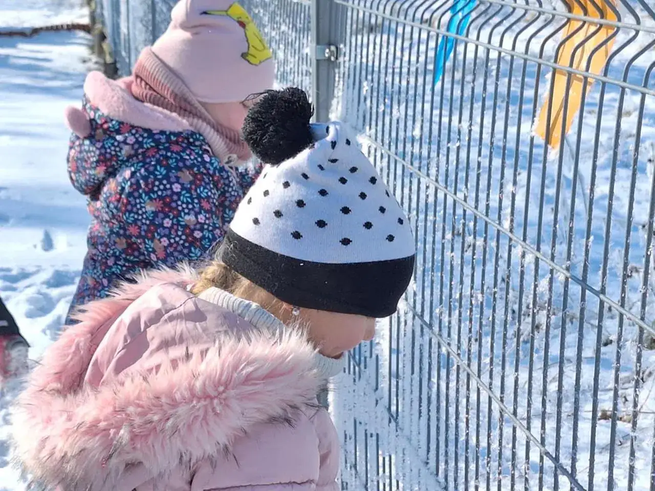 Dwie dziewczynki w zimowych kurtkach i czapkach patrzą przez płot. Pamiętaj, przy jakiej temperaturze nie wychodzić z dzieckiem latem, by uniknąć przegrzania.