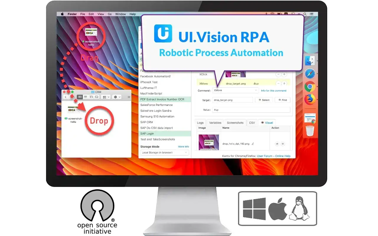 UI.Vision RPA automatisiert Aufgaben auf dem PC. Ein Drag-and-Drop-Beispiel zeigt, wie ein autoclicker pc funktioniert.