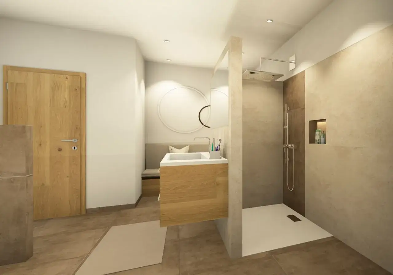 Modernes Bad gestalten: Dusche, Holzwaschtisch und Sitzbank laden zum Entspannen ein.