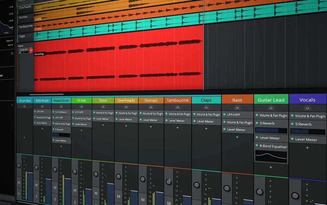 Widok programu do produkcji muzyki z falami dźwiękowymi i wtyczkami, w tym sample wtyczka.