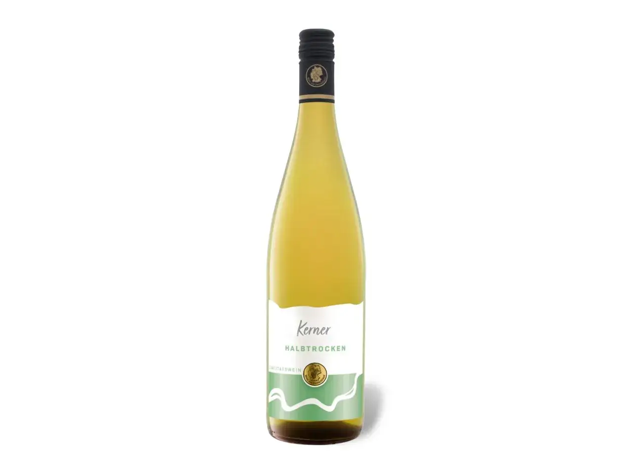 Flasche Wei&szlig;wein der Rebsorte Kerner, halbtrocken. Ein Genuss f&uuml;r Weinliebhaber.
