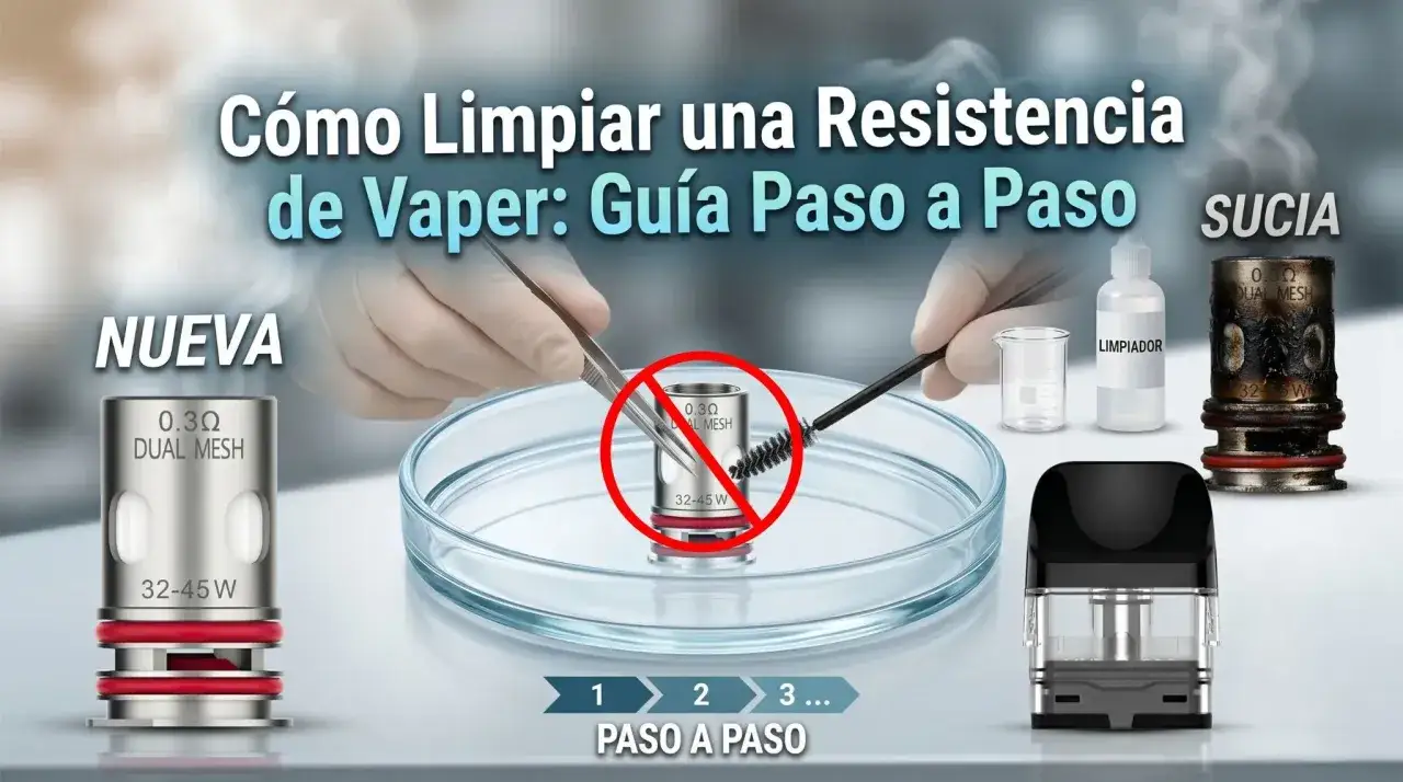 Guía para limpiar resistencia vape: muestra una resistencia nueva y una sucia, con herramientas para su mantenimiento.