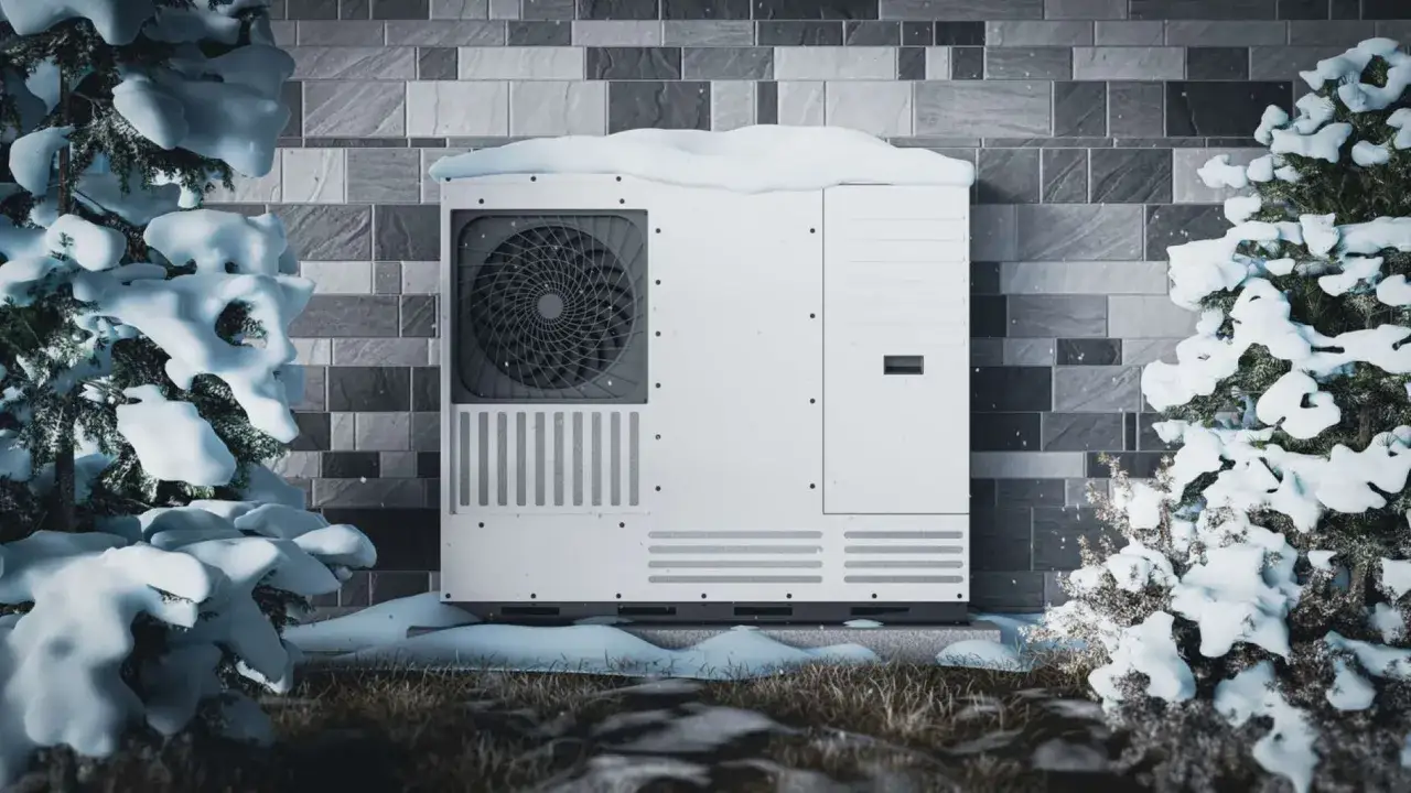 Une pompe &agrave; chaleur grand froid, recouverte de neige, face &agrave; un mur de briques. Avis sur sa performance hivernale.