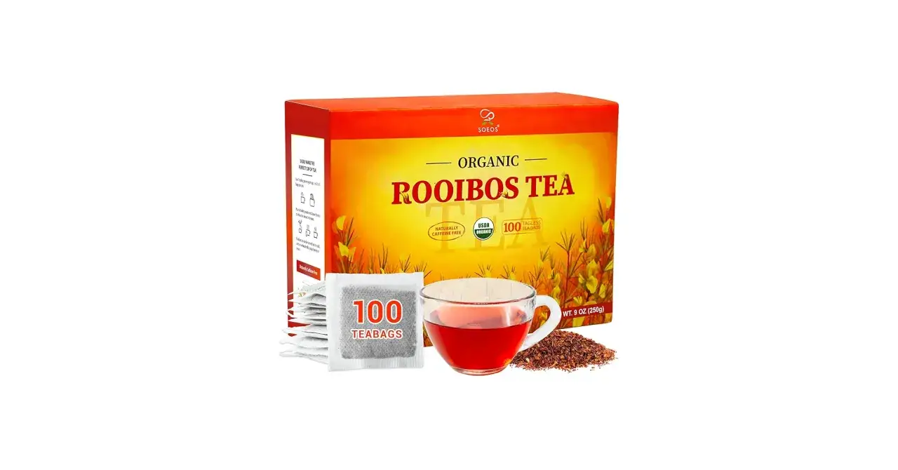 En låda ekologiskt rooibos te, 100 tepåsar, en kopp te och lösviktste. Perfekt för dig som vill ha rooibos te utan koffein.