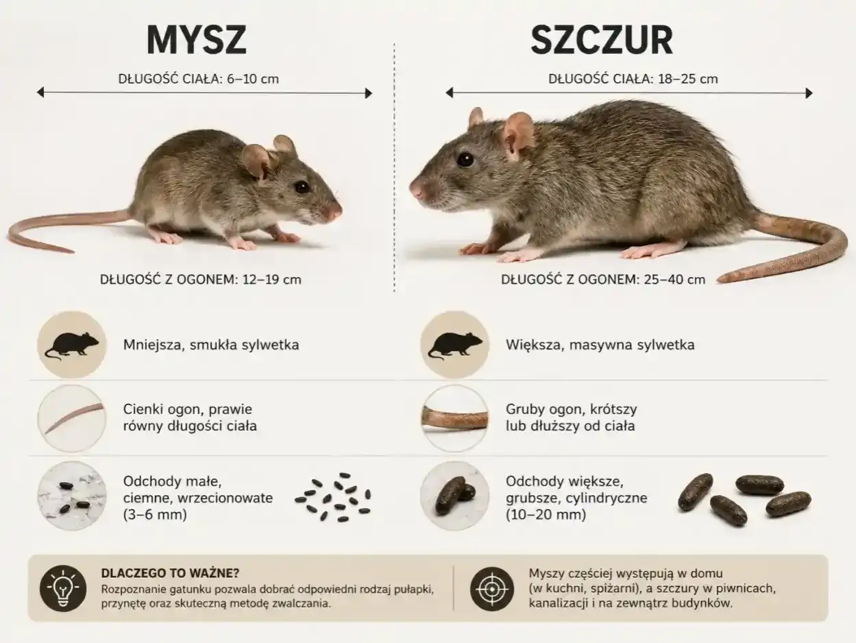 Porównanie myszy i szczura: różnice w wielkości, ogonie, odchodach i miejscach występowania.