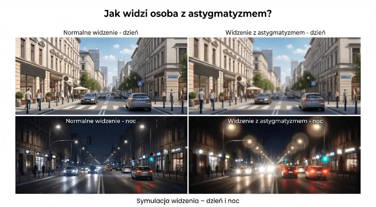 Symulacja widzenia dziennego i nocnego z astygmatyzmem. Objawy astygmatyzmu to rozmyte obrazy, zwłaszcza przy słabym oświetleniu.