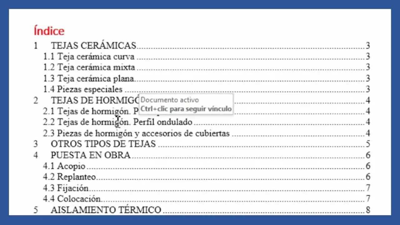 Índice de un documento sobre tejas, incluyendo tejas cerámicas y de hormigón. El índice de Word muestra secciones como
