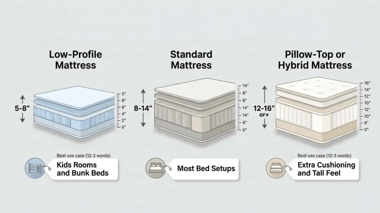 Vergleich von Matratzenhöhen: Low-Profile (5-8 Zoll), Standard (8-14 Zoll) und Pillow-Top/Hybrid (12-16+ Zoll). Wie hoch ist ein Boxspringbett? Die Höhe variiert je nach Typ.