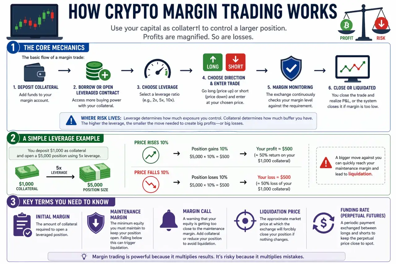 Infografik erklärt krypto hebel trading: Einlagen, Kreditaufnahme, Hebelwahl, Richtung, Überwachung & Liquidation. Risiken & Begriffe.
