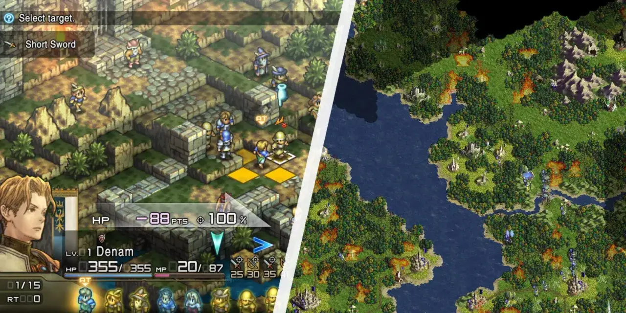 Strategia taktyczna z postaciami na siatce i mapa świata z miastami i lasami, zapowiadająca epickie **songs of conquest**.