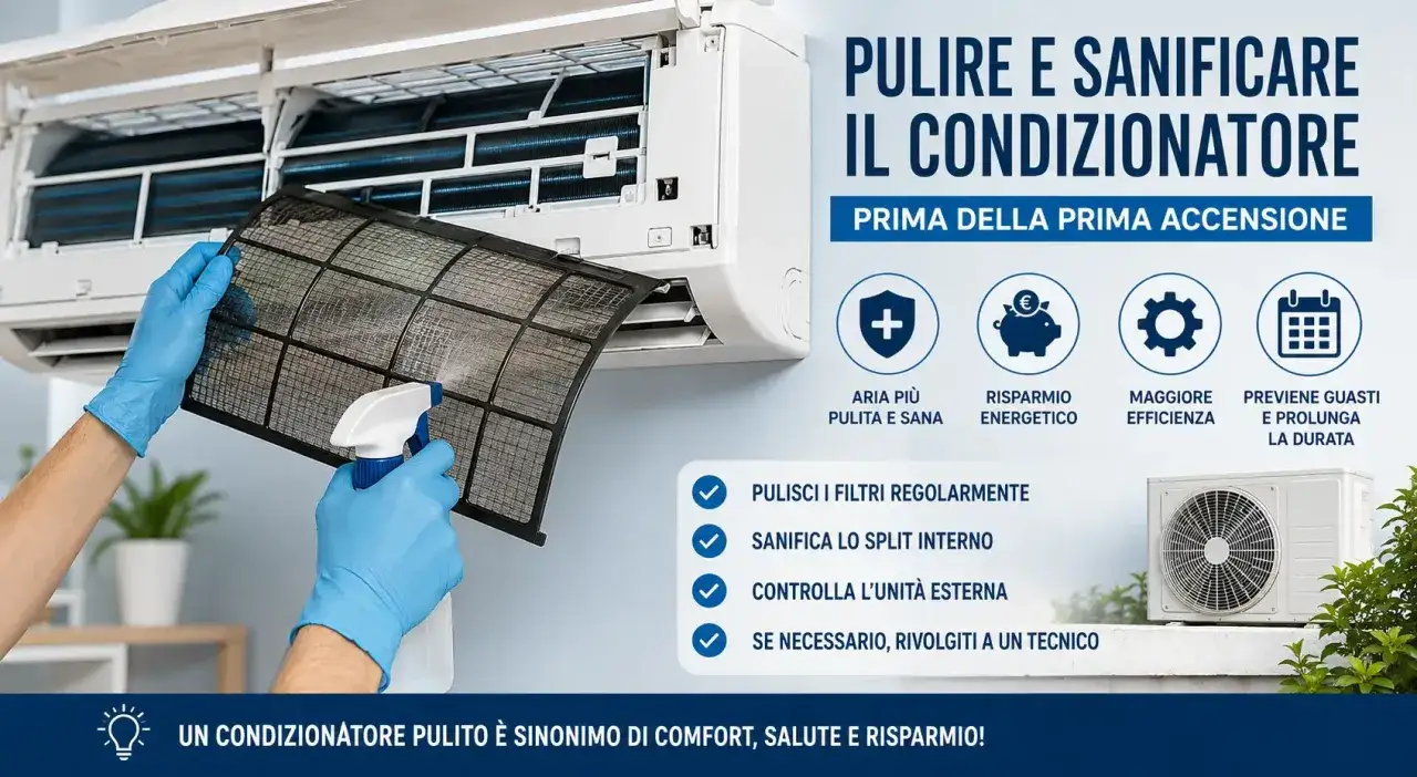 Mani con guanti blu puliscono il filtro del condizionatore con uno spray. Impara come pulire i filtri del condizionatore per aria più sana e risparmio energetico.
