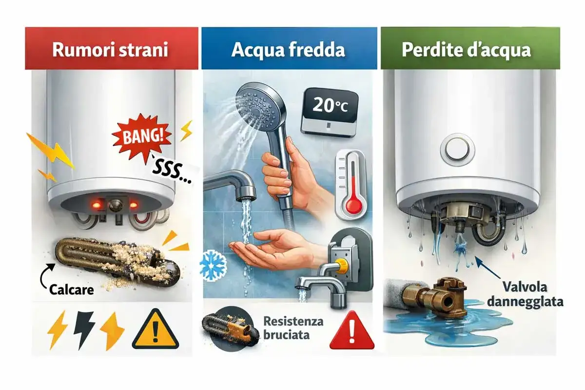 Lo scaldabagno fischia quando apro acqua fredda? Il calcare o la resistenza bruciata potrebbero causare rumori strani. Controlla perdite d'acqua.
