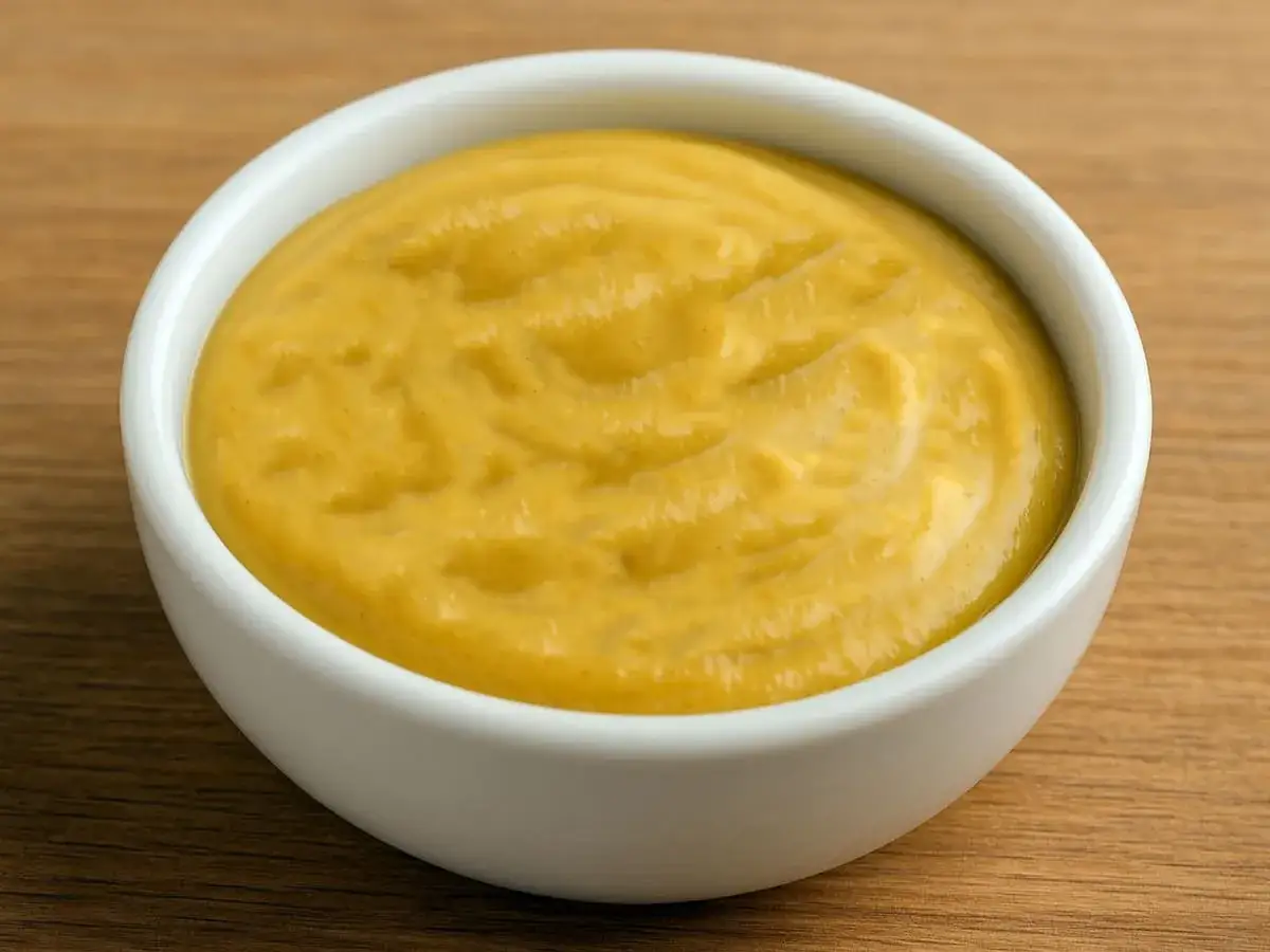 Un bol blanc rempli de sauce moutarde onctueuse, pr&ecirc;te &agrave; relever vos plats.