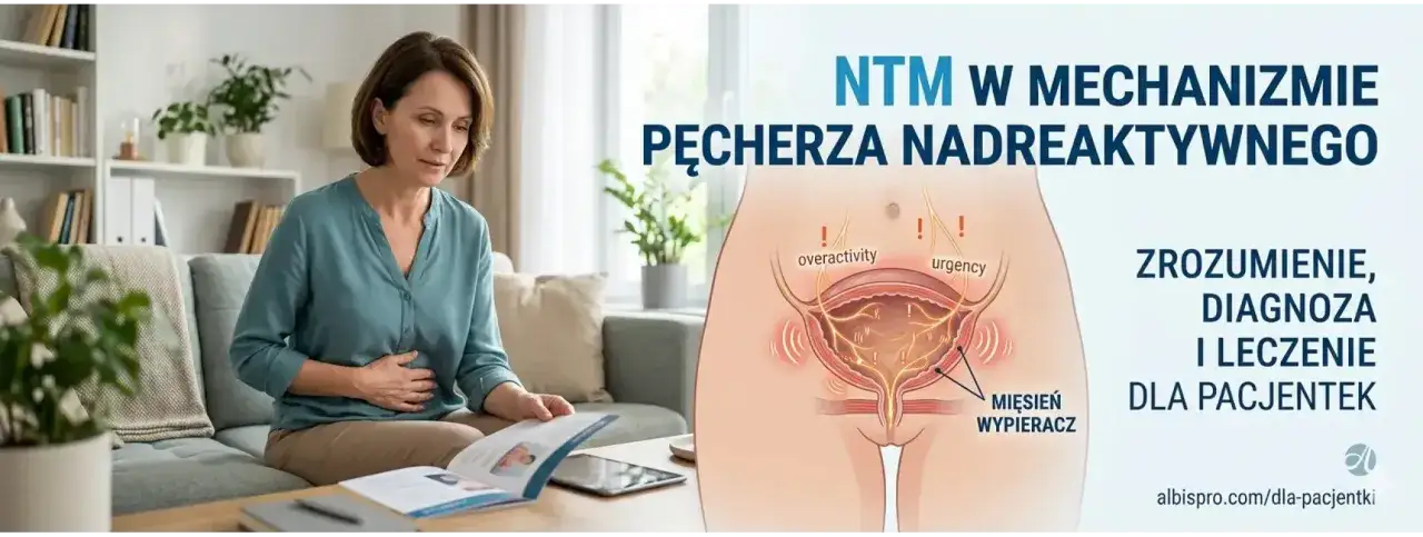 Kobieta z bólem brzucha czyta broszurę o nadreaktywnym pęcherzu. Grafika pokazuje mechanizm, a leczenie może obejmować Ditropan.