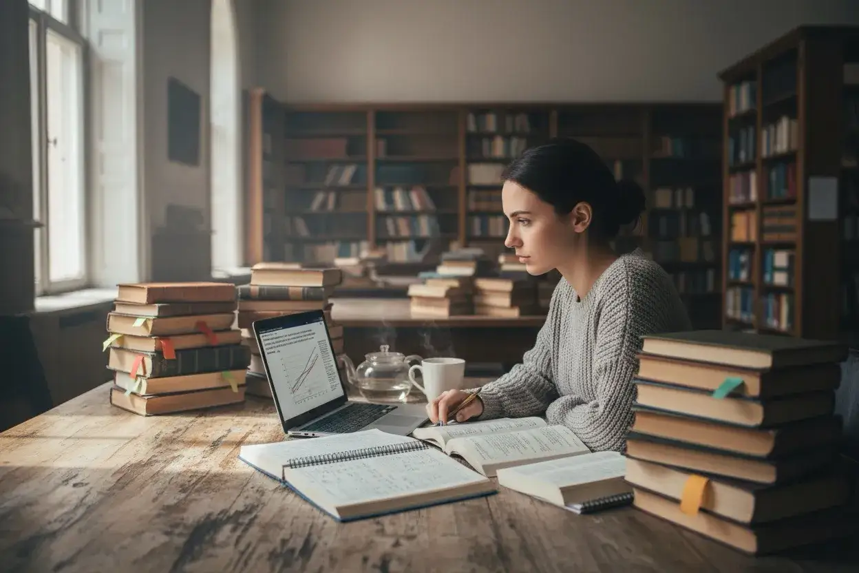 Młoda kobieta pochylona nad książkami w bibliotece, analizuje dane na laptopie. Zastanawia się, ile trwa doktorat, otoczona stertami literatury.