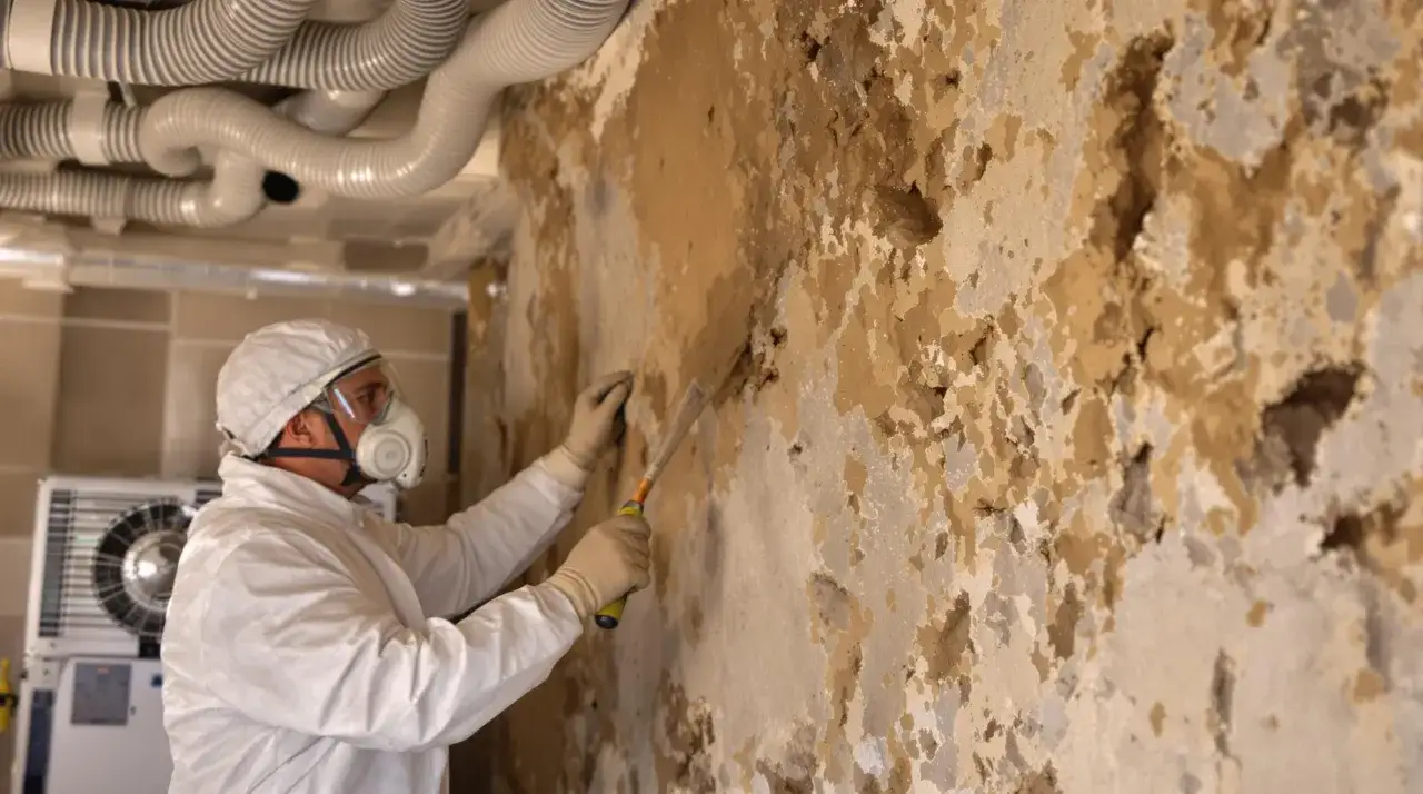Un ouvrier en combinaison et masque retire une couche de pl&acirc;tre d&eacute;grad&eacute; d'un mur en pierre, signe de la pr&eacute;sence de m&eacute;rule.