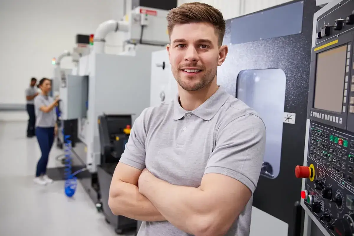 Uśmiechnięty operator CNC, stojący przed maszyną, z rękami skrzyżowanymi na piersi. W tle pracują inni pracownicy.