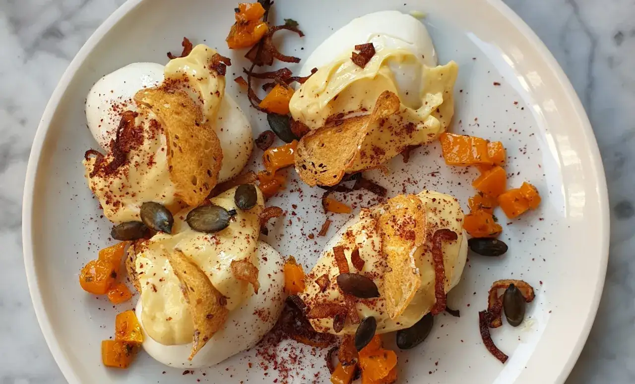 Oeufs pochés nappés d'une onctueuse mayonnaise, agrémentés de dés de courge, de graines de courge, de croutons et d'oignons frits. Une touche de paprika relève ce plat.