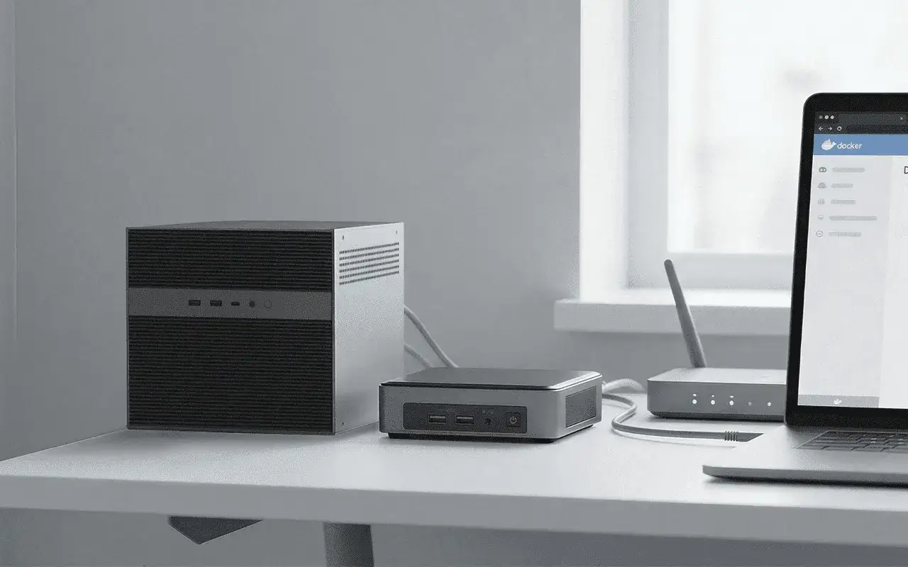 Ein NAS-System mit Docker-Oberfl&auml;che auf einem Laptop, daneben ein kleiner Server und ein Router.