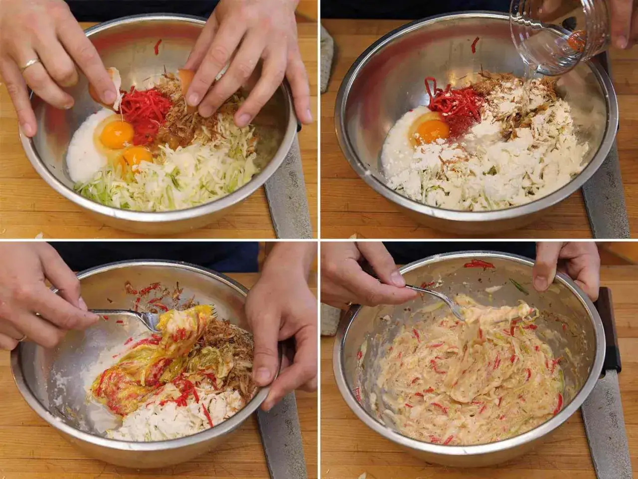 Hands crack eggs into a bowl of cabbage, flour, and toppings. Water is added, then ingredients are mixed to make okonomiyaki sauce.