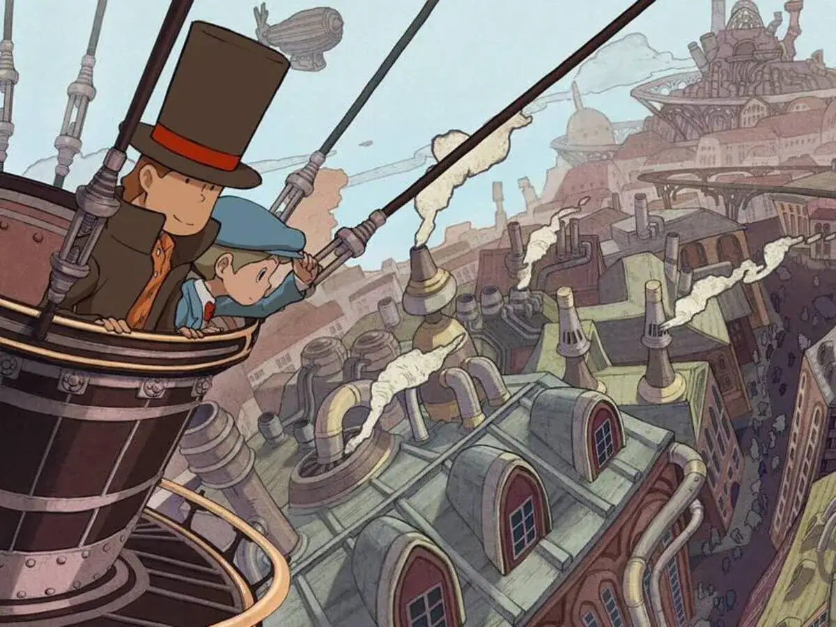 El Profesor Layton y Luke observan un mundo a vapor desde un dirigible. La ciudad está llena de chimeneas humeantes y arquitectura victoriana.