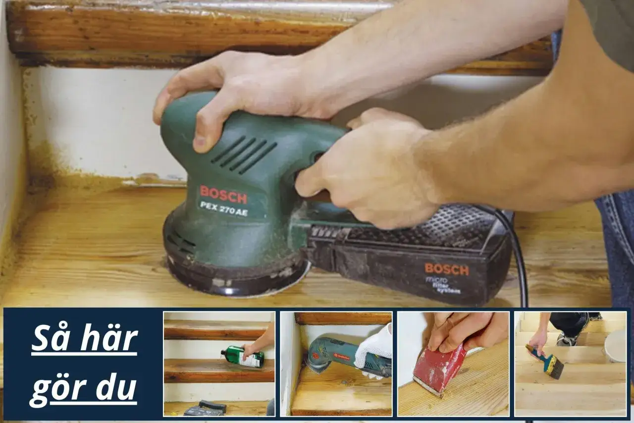 Här slipas en trappa med en Bosch-maskin. Bilden visar hur man kan slipa trappsteg för att få dem fina.