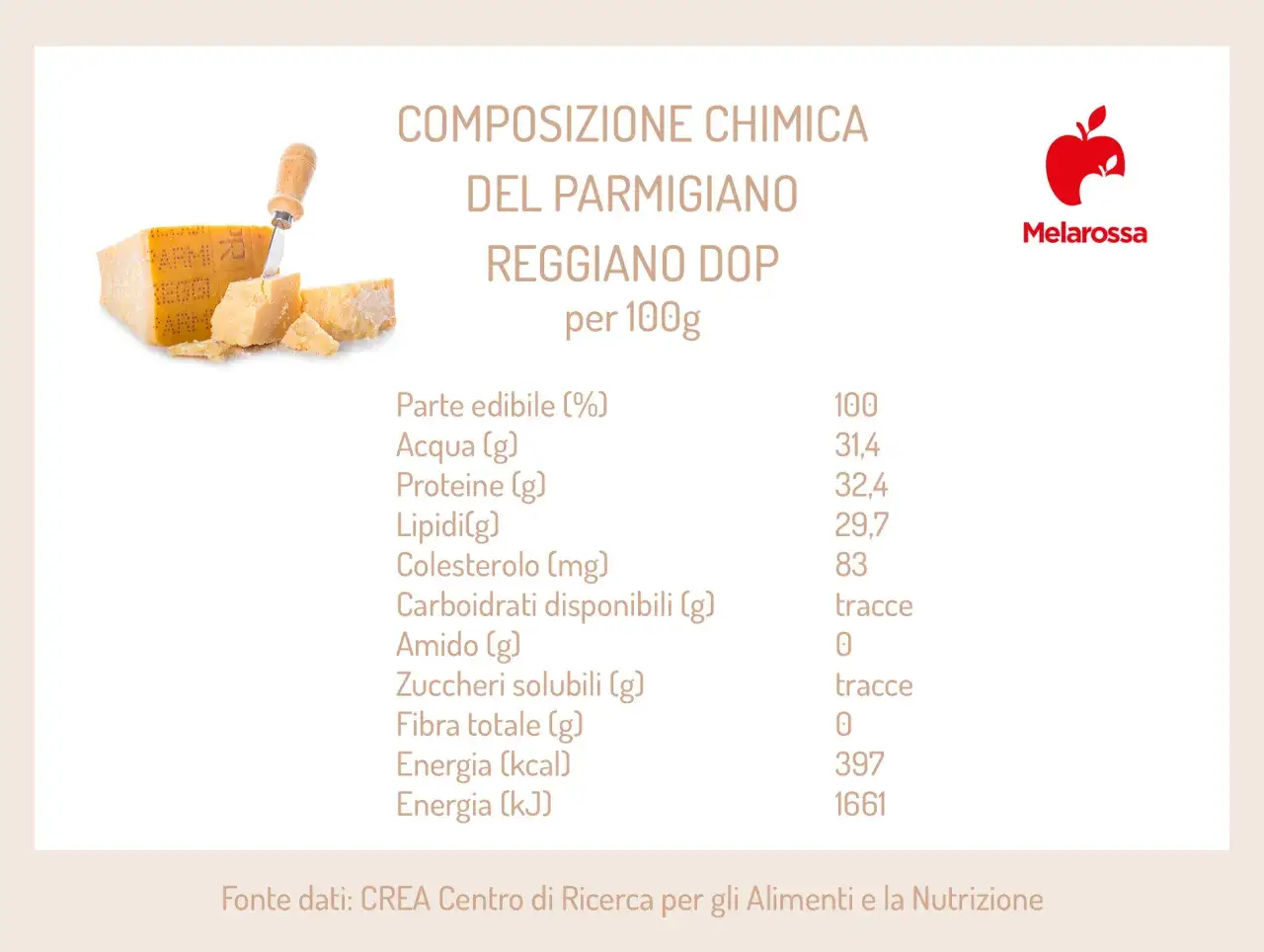 Composizione chimica del Parmigiano Reggiano DOP per 100g: 397 kcal. Dati nutrizionali completi per un alimento gustoso.