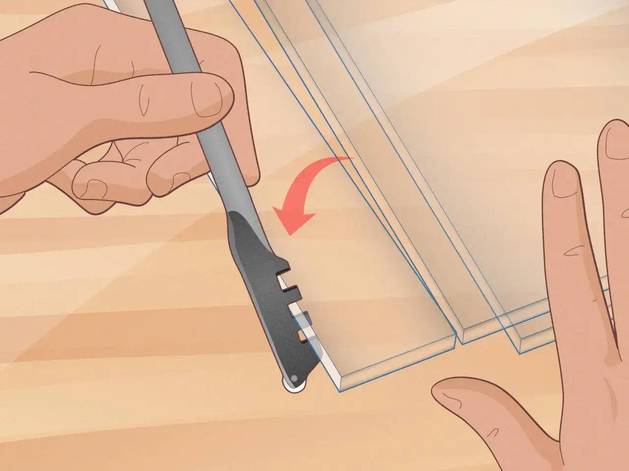 Hands demonstrate how to cut glass with a scoring tool, creating a clean line on the material.