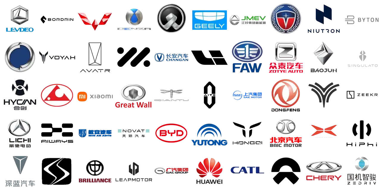 Kolekcja logotypów azjatyckich marek samochodów, w tym BYD, Geely, Xiaomi, Chery i Great Wall.