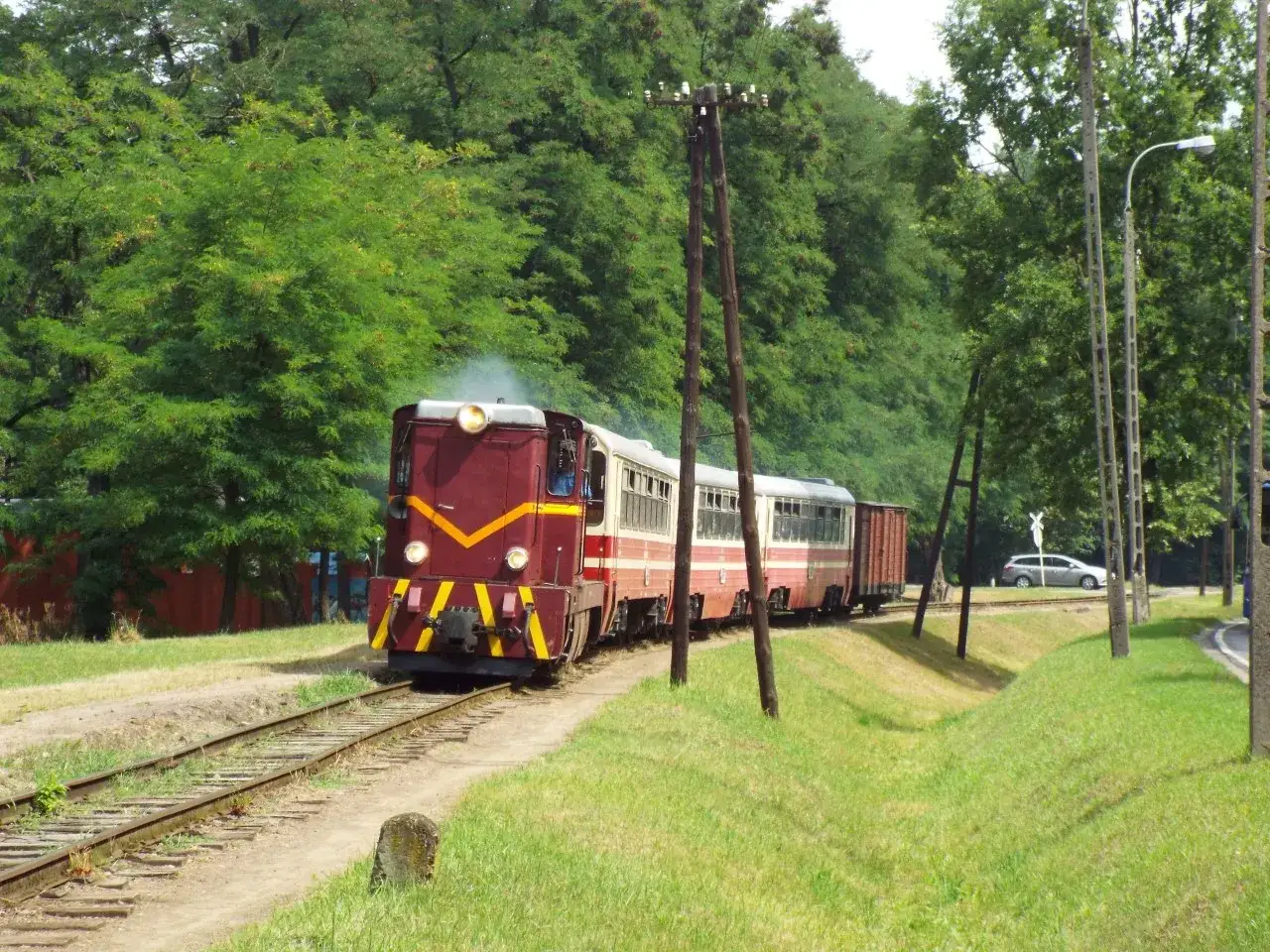 Czerwony pociąg z żółtymi pasami jedzie po torach wśród zieleni. Idealne piaseczno atrakcje na weekend dla miłośników kolei.