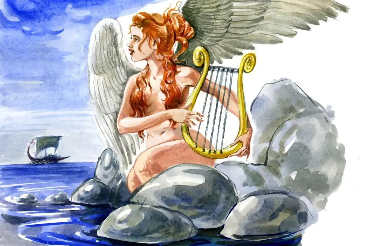 Sirène mythologie aux ailes d'ange, jouant de la lyre dorée sur des rochers, un bateau navigue au loin.
