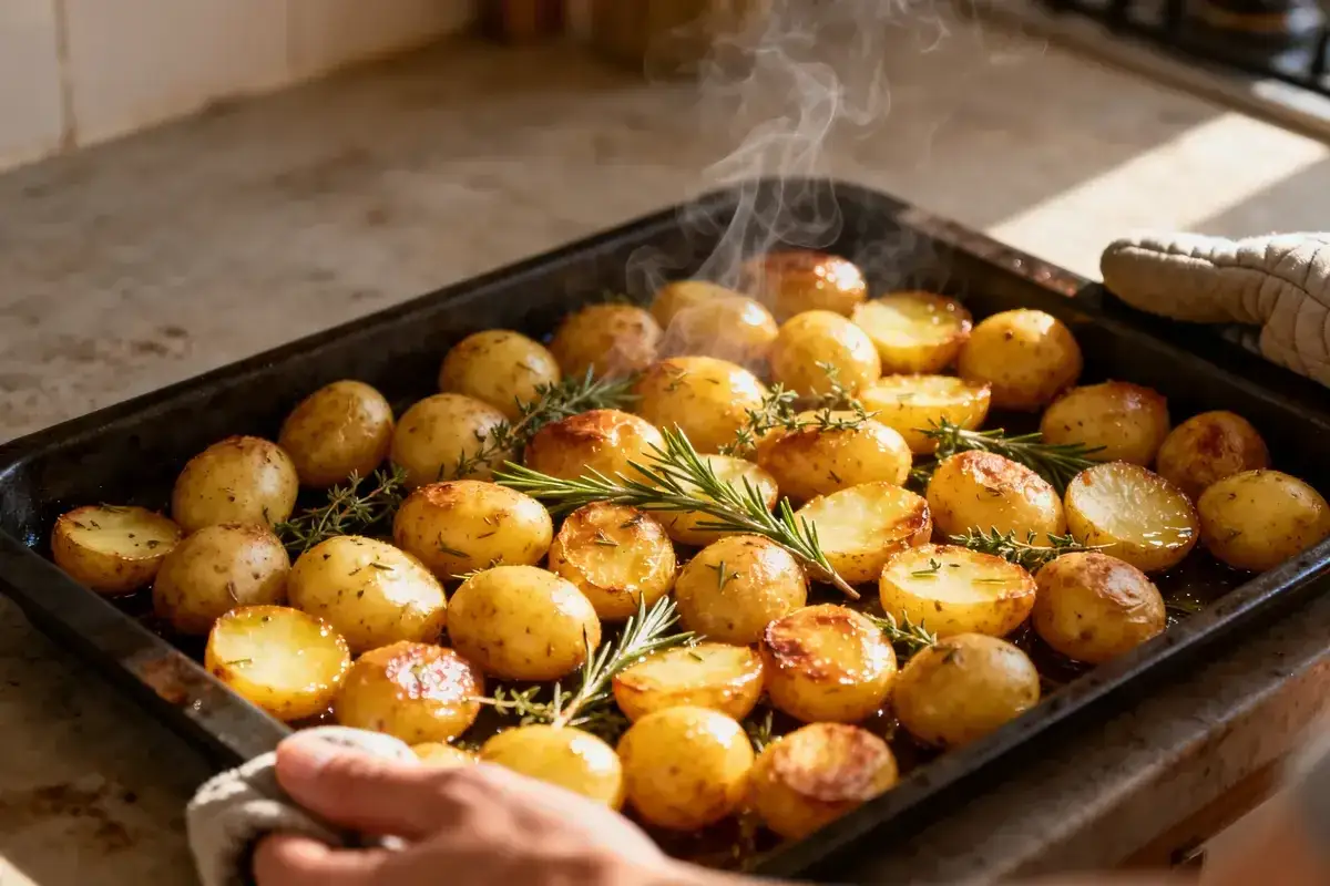 Une po&ecirc;le de pommes de terre grenaille au four, dor&eacute;es et fumantes, garnies de romarin et de thym. Un d&eacute;lice croustillant pr&ecirc;t &agrave; &ecirc;tre d&eacute;gust&eacute;.