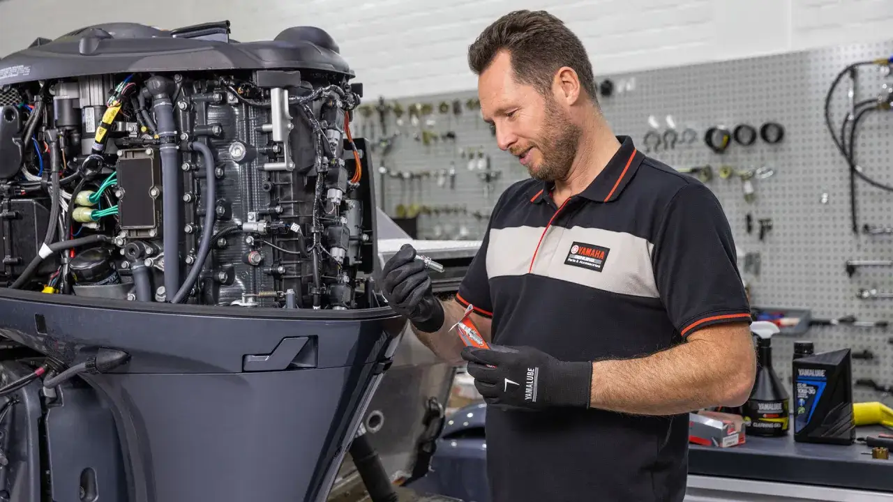 Un mécanicien effectue l'entretien d'un moteur hors-bord 4 temps Yamaha, tenant une bougie et un outil.