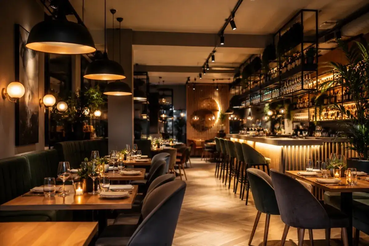 Przytulne oświetlenie restauracji tworzy ciepłą atmosferę. Stoły nakryte, a bar lśni w blasku lamp.