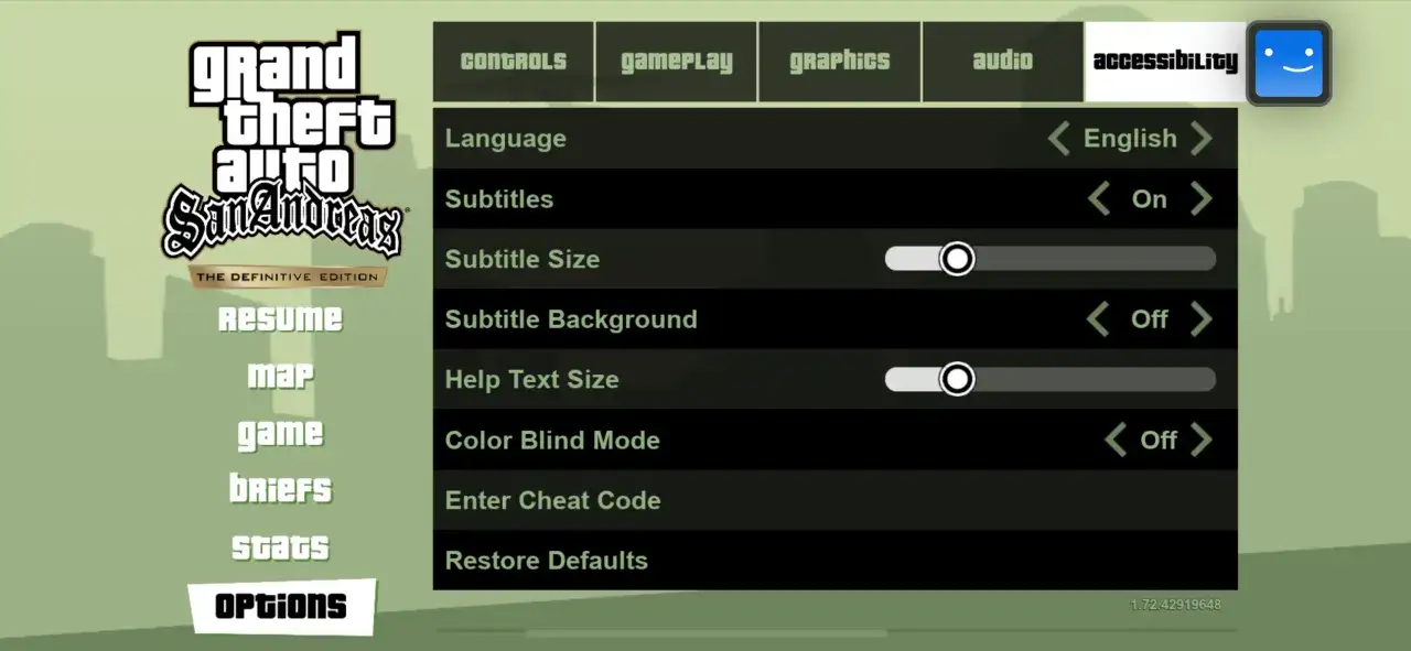 Men&uacute; de opciones de GTA San Andreas m&oacute;vil. Ajustes de idioma, subt&iacute;tulos y accesibilidad. &iexcl;Descubre los trucos!