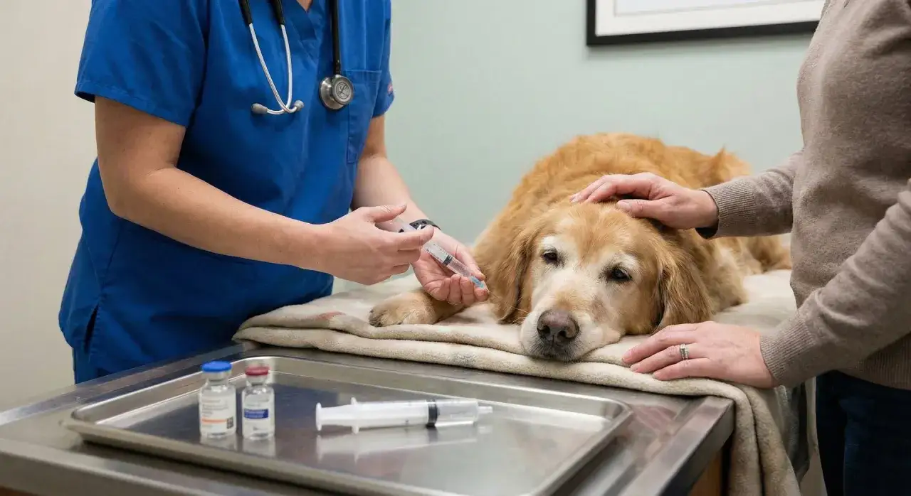 Veterinario administra inyecci&oacute;n a un perro golden retriever mientras su due&ntilde;a lo consuela. Se discuten los requisitos para sacrificar un perro.