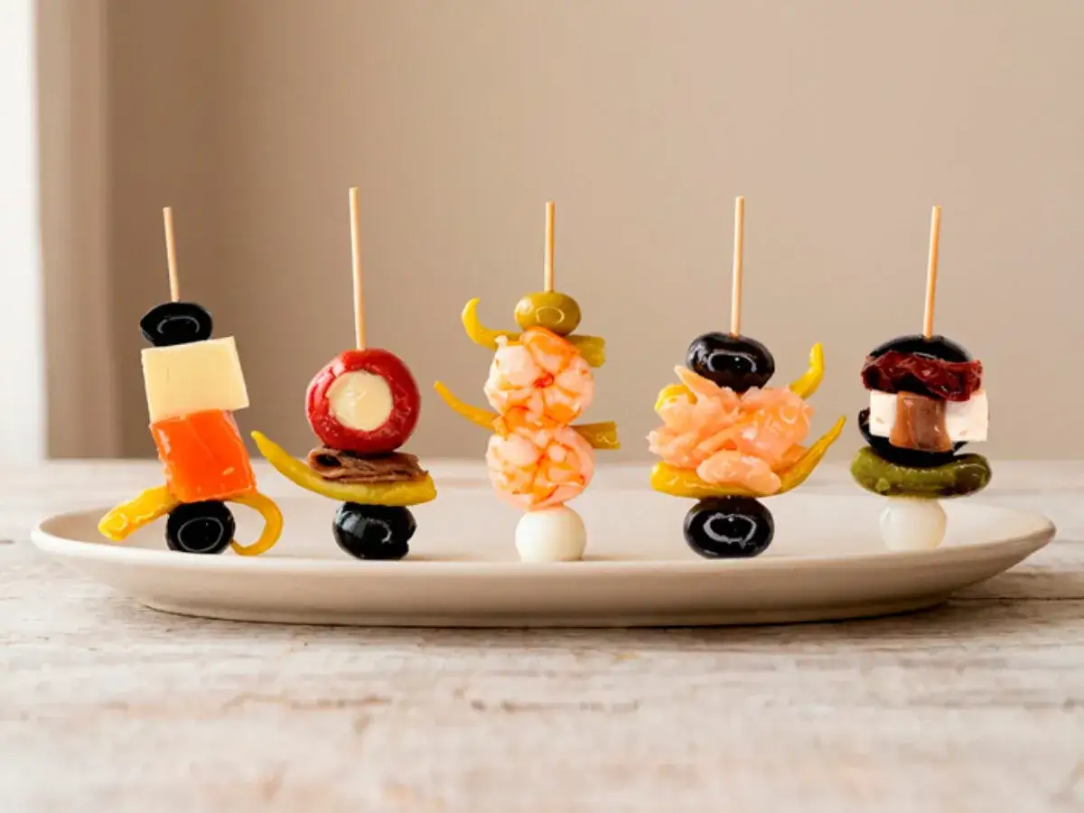 Deliciosos pinchos para bares con gambas, aceitunas, queso y pimientos.