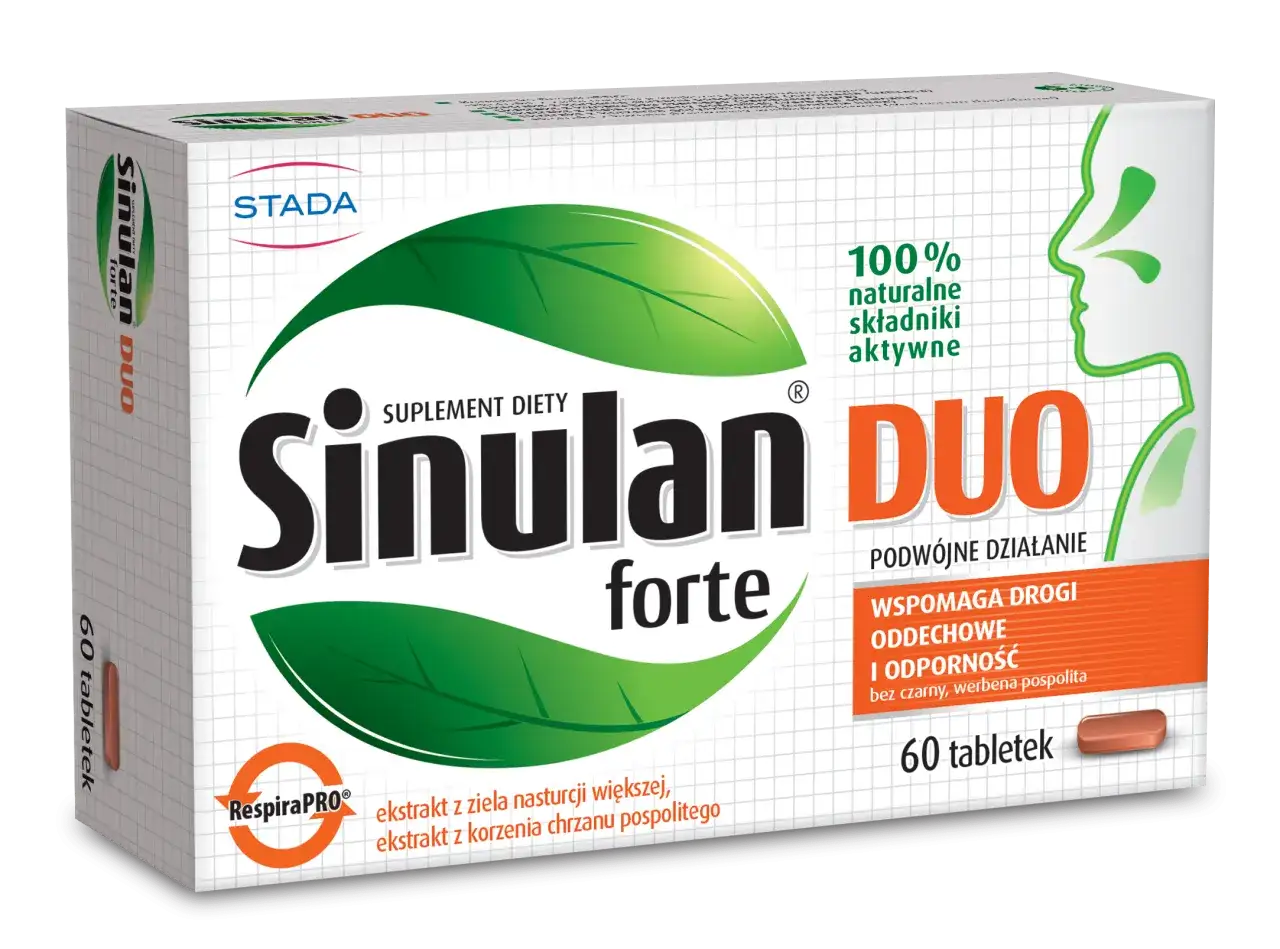 Opakowanie suplementu diety Sinulan Duo Forte, który pomaga przy zielonej wydzielinie z nosa. Zawiera 60 tabletek.