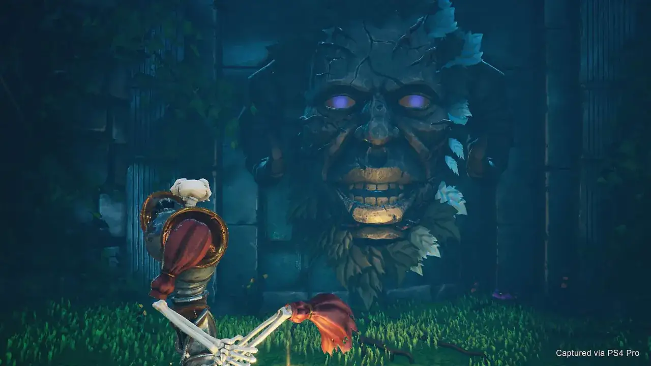 Un esqueleto con armadura se enfrenta a una cara de piedra demoníaca con ojos morados. Trucos medievales en PS4.