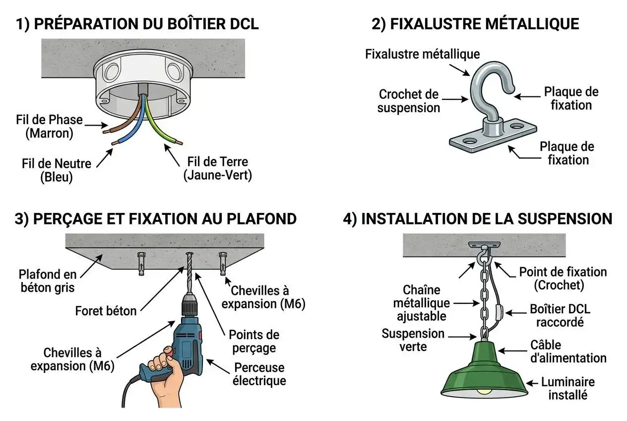 Étapes pour installer un luminaire au plafond : préparation du boîtier DCL, fixation métallique, perçage et installation de la suspension.