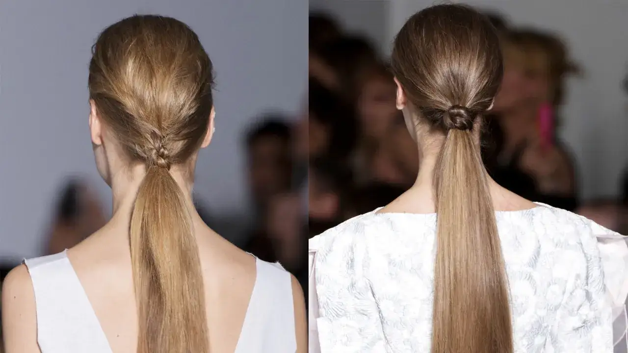 Deux coiffures &eacute;l&eacute;gantes : une queue de cheval basse avec une tresse subtile et une autre avec un n&oelig;ud chic. Parfaites pour un mariage.