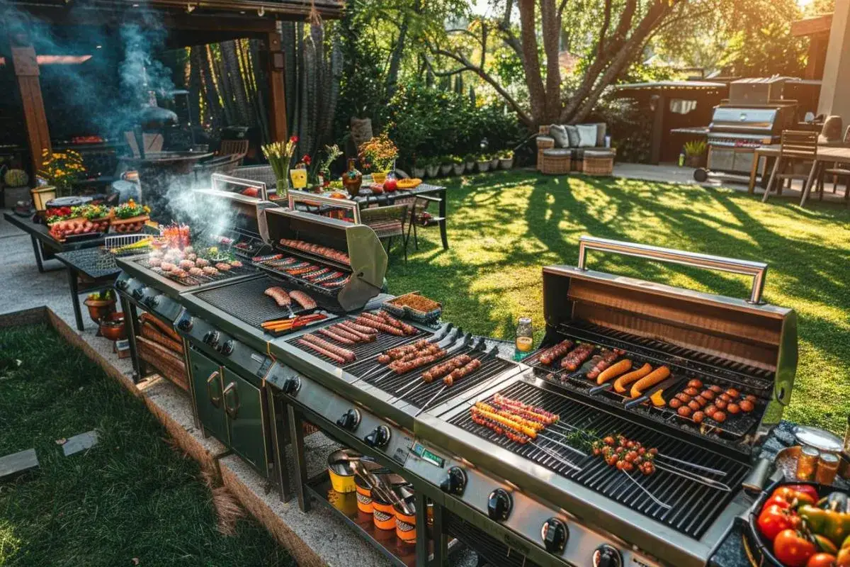 Un immense barbecue pr&ecirc;t pour un grand rassemblement. Des saucisses, des brochettes et des l&eacute;gumes grillent sur plusieurs grils, promettant un festin pour 20 personnes.