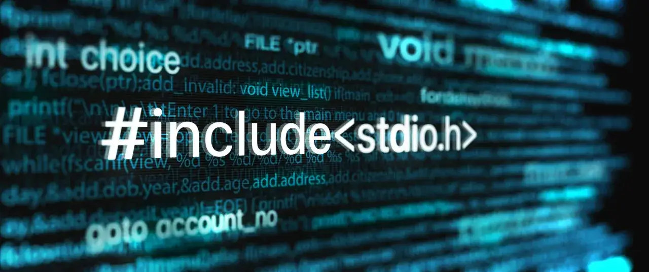 Kod w języku programowania C, z hasłem #include<stdio.h>.