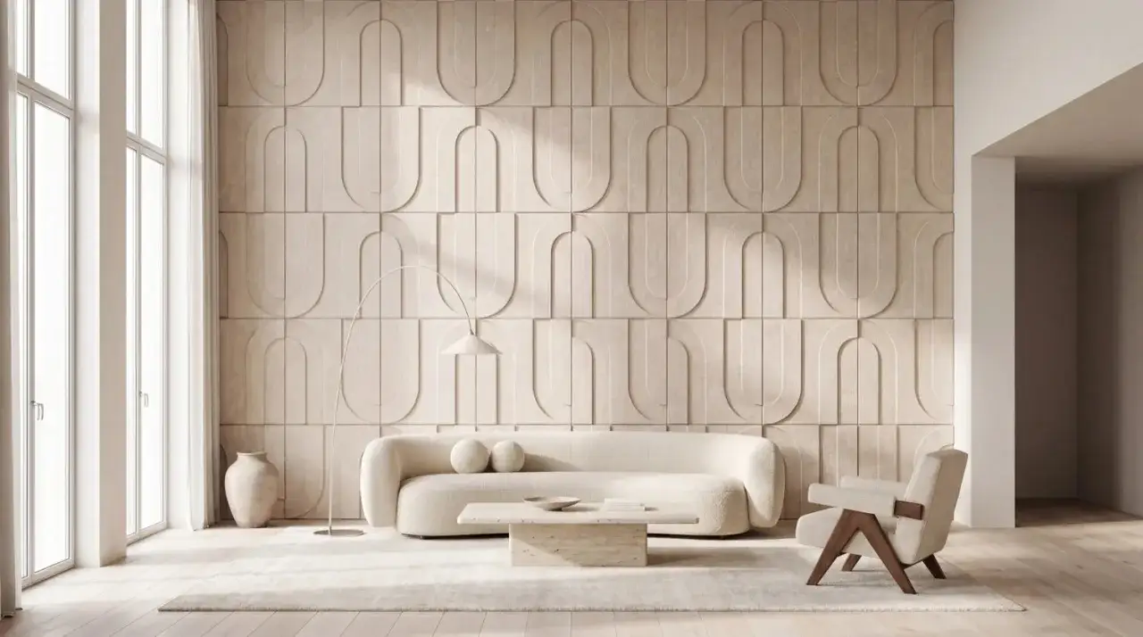 Ein stilvolles Wohnzimmer mit einem geschwungenen Sofa, einem Beistelltisch und einem Sessel vor einer Wand mit dekorativen Paneelen. Modernes interior design.