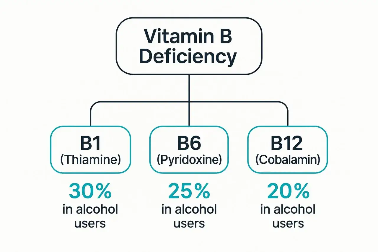 Diagram visar B-vitaminbrist. 20% av alkoholbrukare har B12-brist.