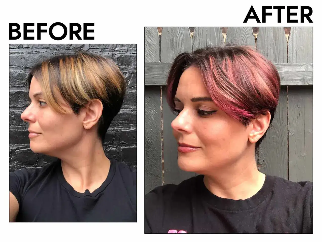 Antes y despu&eacute;s de un corte de pelo y una coloraci&oacute;n semipermanente con tonos rosados y rojizos.