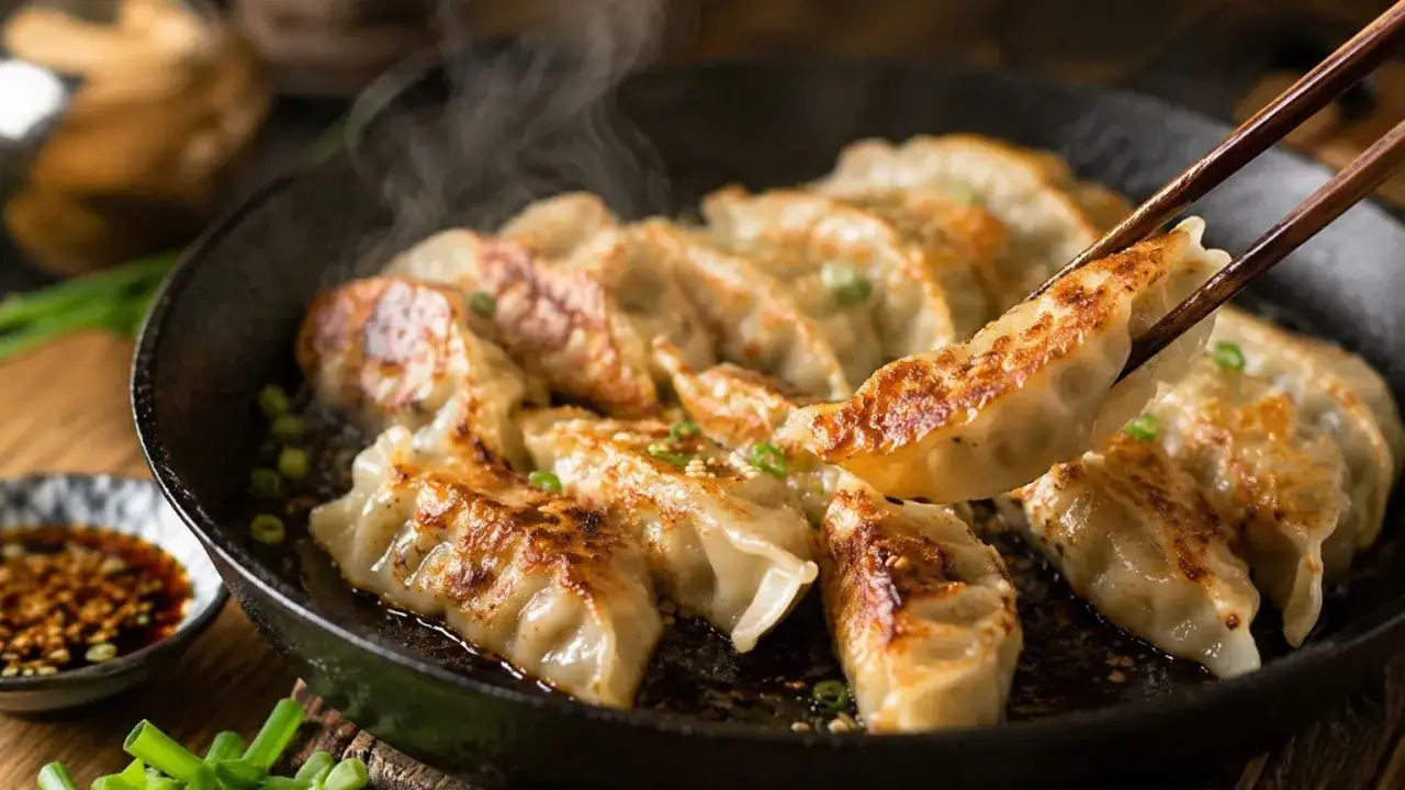 Gorące, rumiane pierożki gyoza parują na patelni. Jedna sztuka jest podnoszona pałeczkami, gotowa do zanurzenia w sosie.